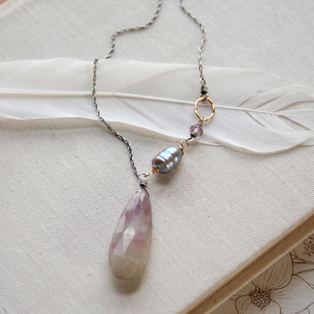 SALE- Heliotrope Necklace- ruby zoisite, peacock pearl, pink amethyst, sterling silver, goldfill.
