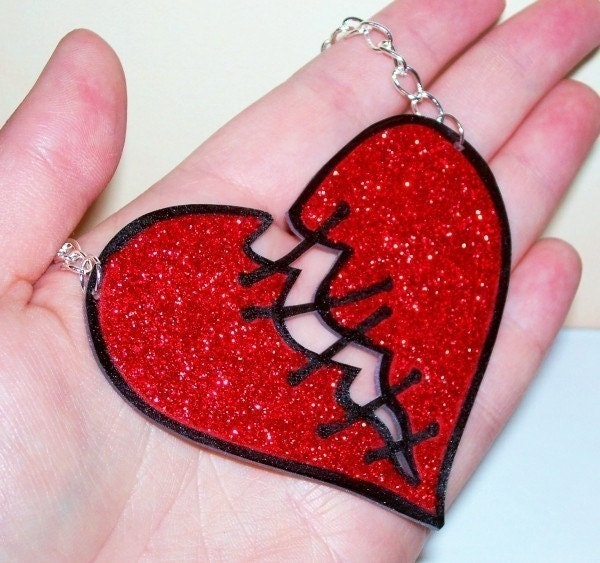 stitch me up red glitter heart necklace