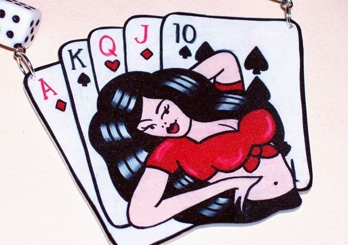 viva las vegas pin up girl and cards necklace