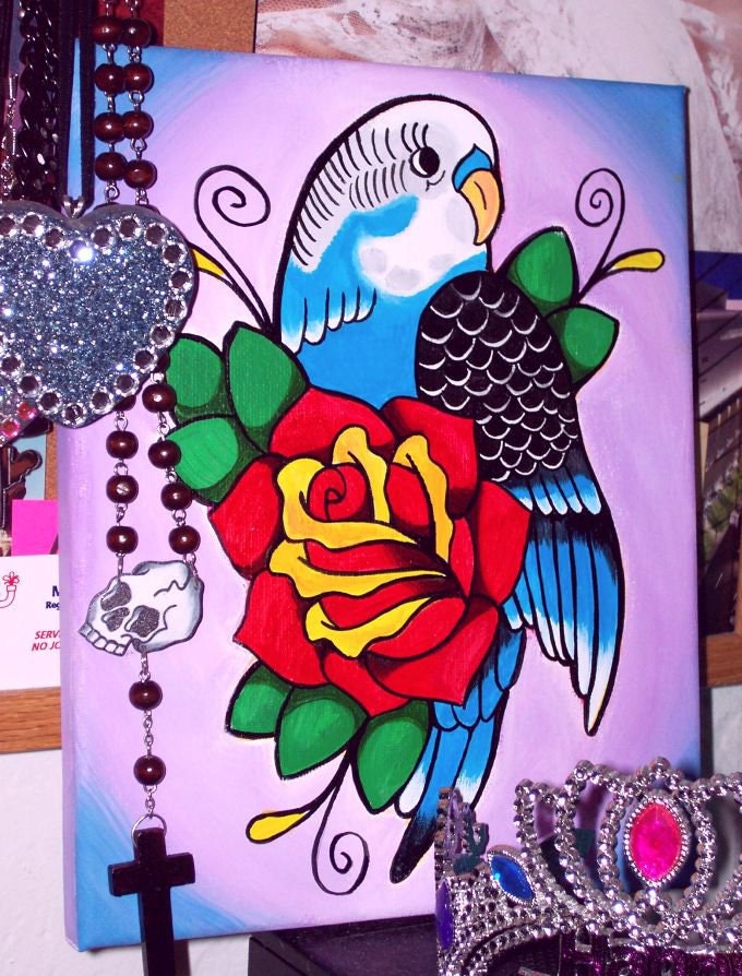 original 8 x 10 hand painted bird acrylic painting tattoo traditional