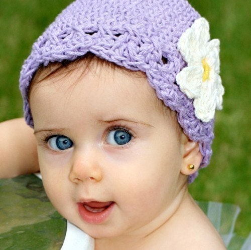 3 to 6 Month Daisy Flapper Beanie - violet, yellow, vanilla