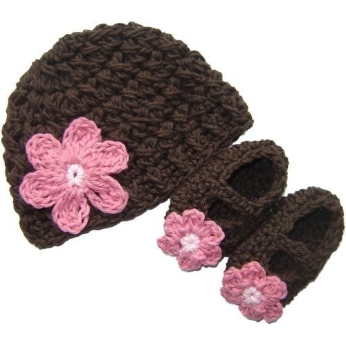Baby Daisy Beanie and Maryjane Set  - chocolate, pastel pink, rose pink