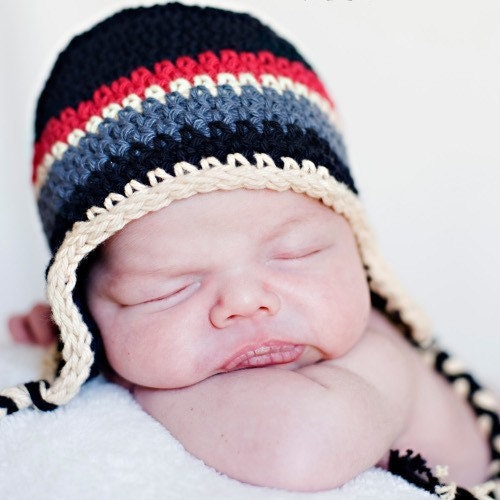 3 to 6 Month Earflap Beanie - black, red, beige, steel blue