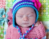 Children's Flowered Earflap Beanie - peacock, purple, baby blue, fuchsia