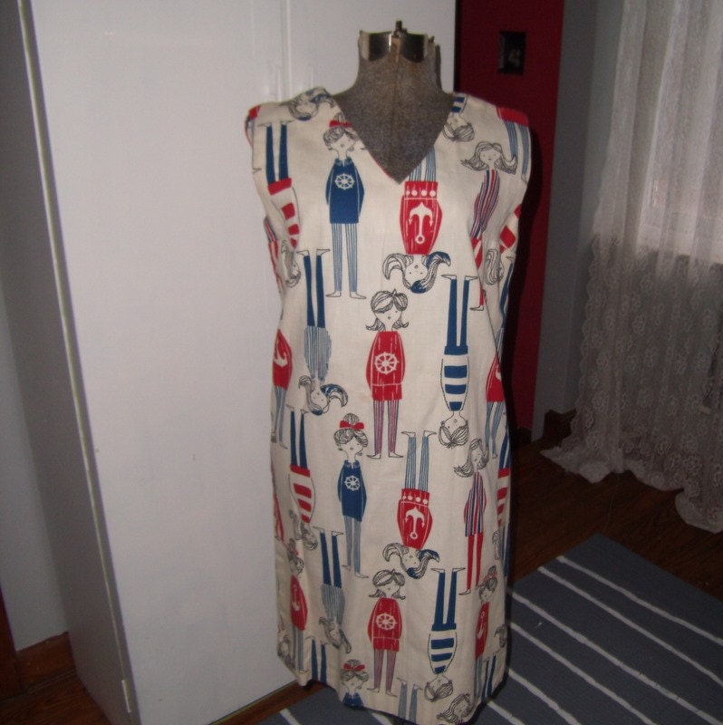 Vintage 60's Sailor Anchor Hippie Covered Mod Shift Dress Quirky Flirt