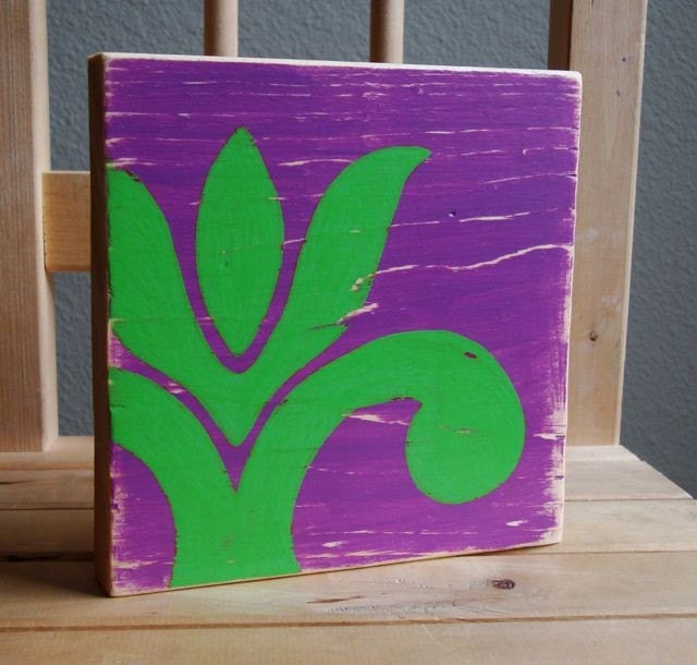 SALE - Green Floral Wood Block B39