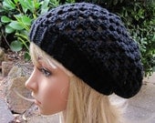 Womens Crocheted Beret Hat Tam - Black - made to order