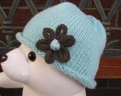 Baby knit hat duck egg blue with brown flower