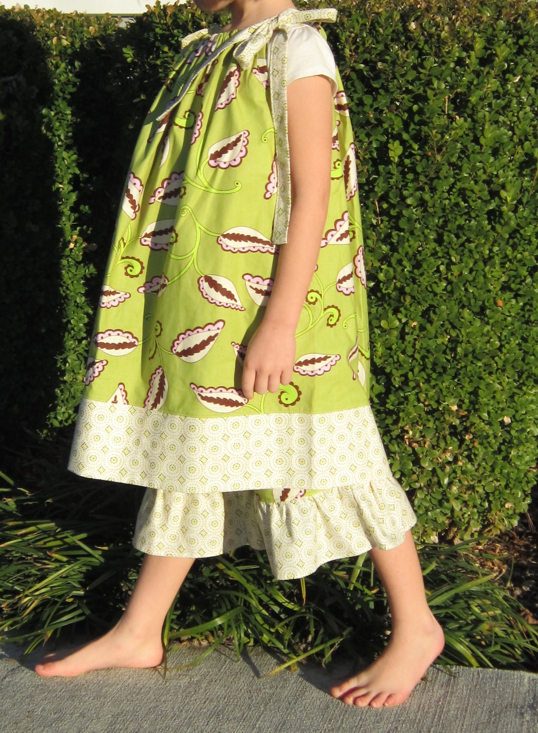Pillowcase Dress and Ruffle Pants - SPECIAL SALE -Mint Green Leaves and Diamonds- Size: 2/3