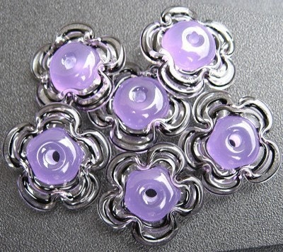 Lilac Purple and Black Swirl Lampwork Glass Flower Beads