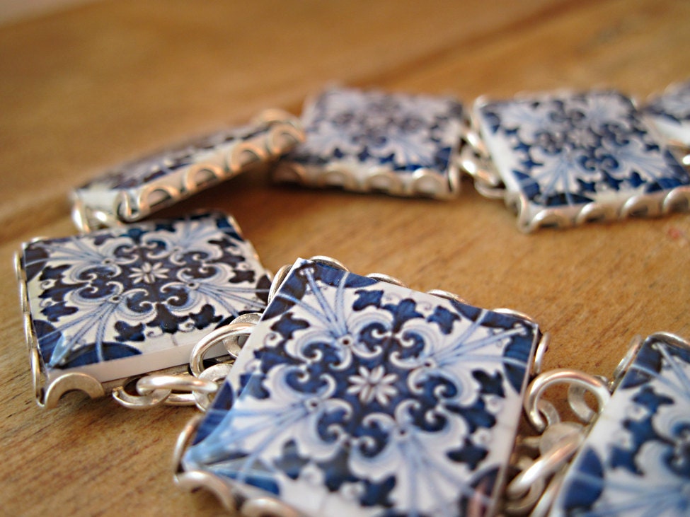 Iberian tile bracelet, Portuguese and Spanish ceramic tile design, Azulejos, Folk art jewelry, Mediterranean, MTO