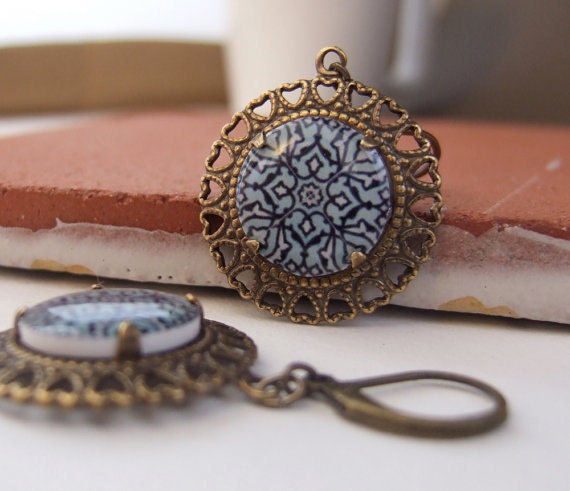 Islamic Blue Tribal Boho chic earrings, Handmade ceramic tile design cabochon, Middle Eastern, Muslim, lever back ear wires, Tribal earrings