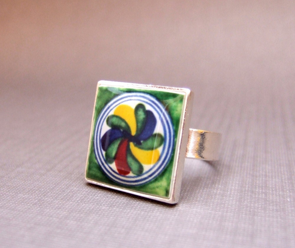 SALE, Talavera tile miniature in green, sterling silver ring, adjustable, Southwestern Jewelry, Mexican Jewelry