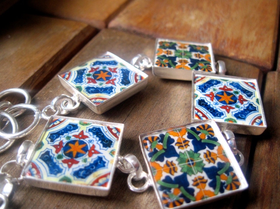 Chain bracelet, Mexican Jewelry, Talavera tile bracelet, one size fits all, xl, Mexican folk art jewelry, Southwestern jewelry, MTO