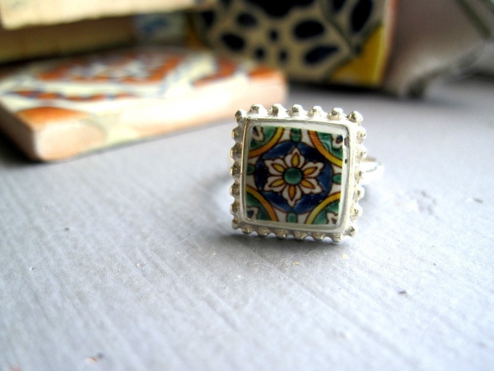 Ring, Portugal, Spain, Mexico, Mediterranean ceramic tile design ring, Sterling silver, sizes 6, 7, 8, 9, and 10, free gift wrap