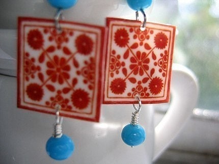 Mexican Jewelry, Native earrings, Folk art Decorative ceramic tile pattern, MTO, Red tile w/turquoise glass beads, Southwestern
