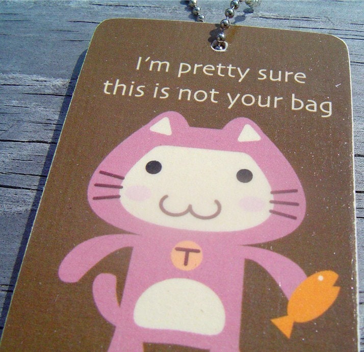 Pink Mao-Mao the Cat Bag Tag W/ a Stainless Steel Wire Ring