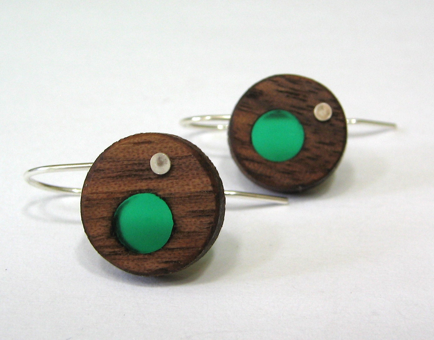 Walnut wood and blue/green resin circle earrings