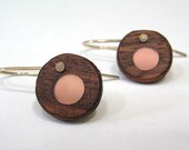 Walnut wood and pale pink resin circle earrings