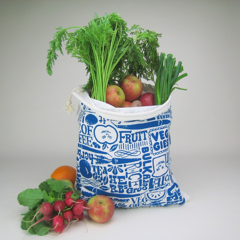 Blue Reusable Grocery Bag with Veggie Print