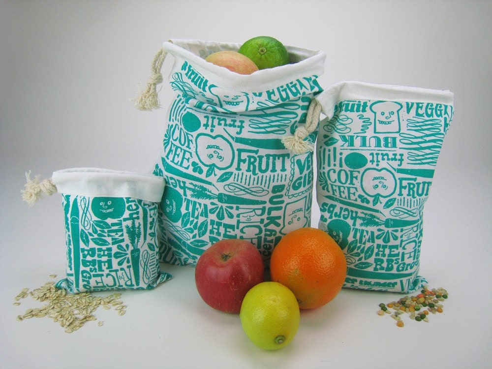 Set of 3 Organic Reusable Vegetable Bags in Green