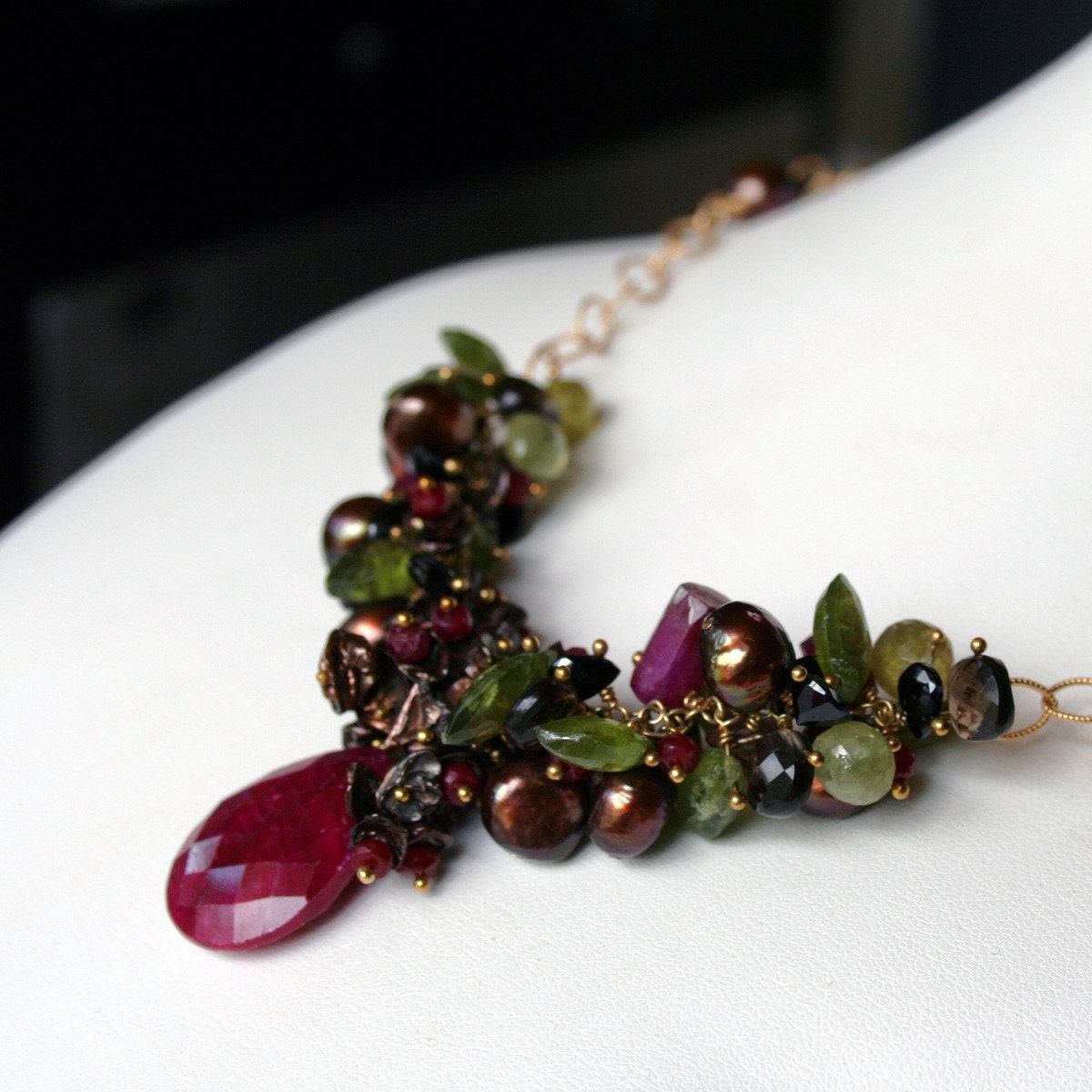 RESERVED - SALE - Ruby,Smokey Quartz,Spinel,Pearl,Garnet and Idocrase Necklace - Fall Into Color