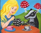 Alice and badger Wonderland tea party, pop surrealism original art lowbrow painting