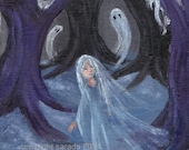 Snow ghost gothic winter art, forest girl, purple trees in haunted woodlands original painting
