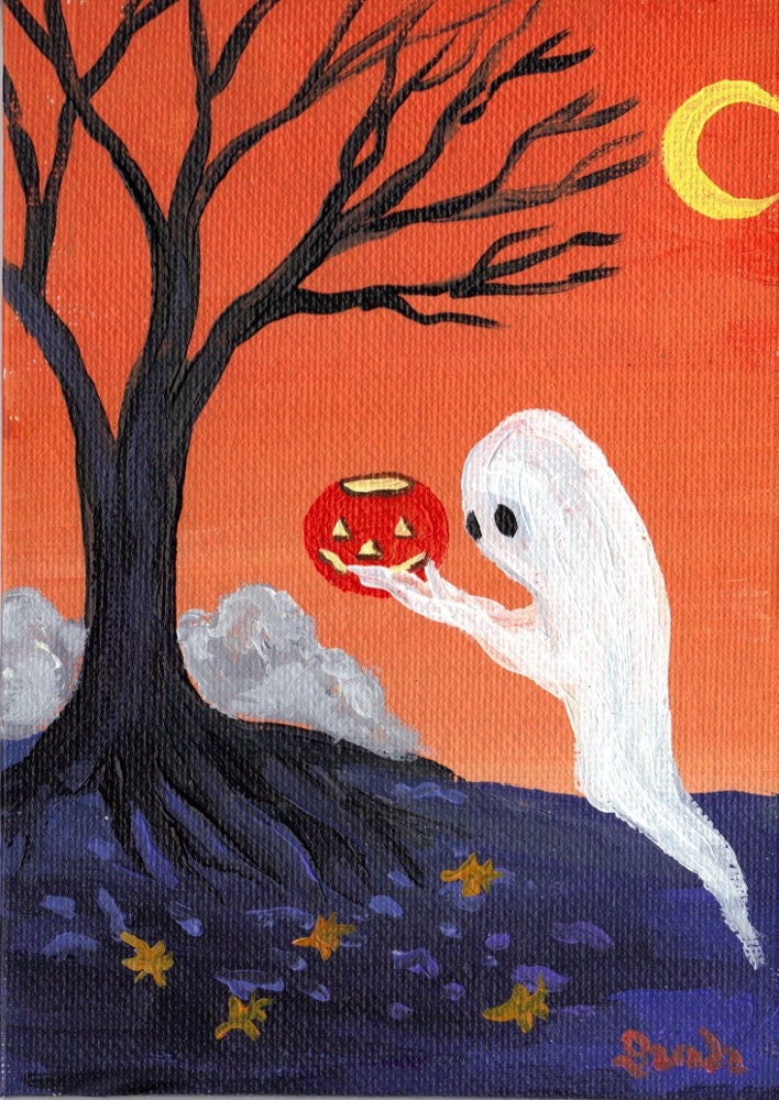 Halloween Ghost painting, twilight tree and pumpkin, original art 5 x 7