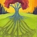 Autumn tree shadow, tangerine sky, original art acrylic nature painting