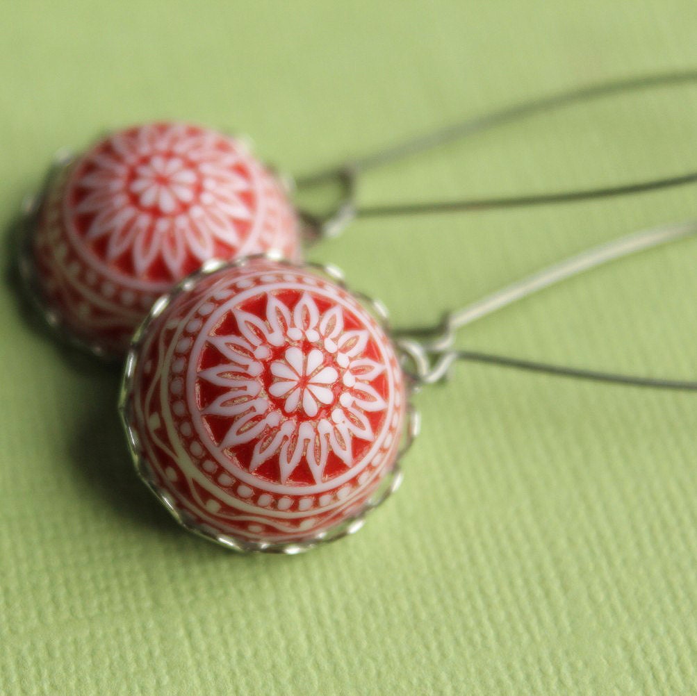 Lucia Earrings - Red & White Vintage Plastic - Surgical Steel Kidney Earwires