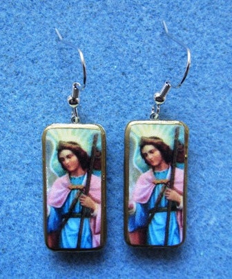 St. Raphael Archangel Angel Catholic Art Handmade Recycled Domino Earrings R2 FREE US Shipping