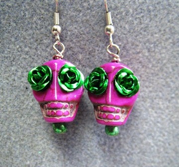 Day of the Dead Dia de los Muertos Sugar Skull Skelton Earrings Fuschia 2FG