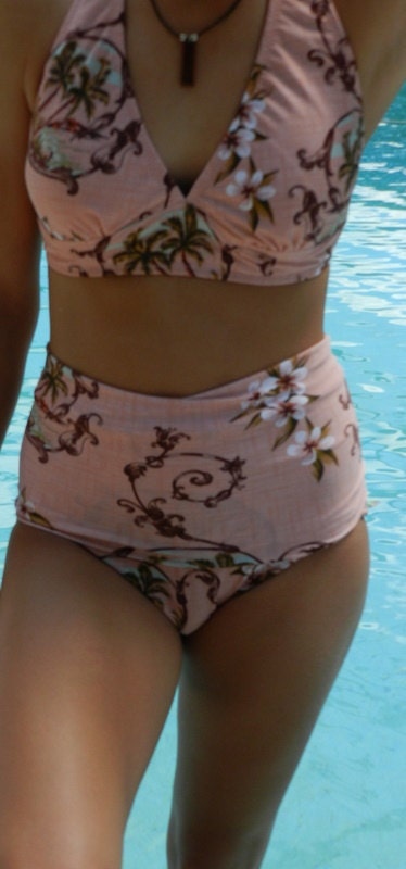 Retro look high waisted  bikini that pulls up or down The diva Kini will be a bikini for you or a one piece suit Vintage floral print
