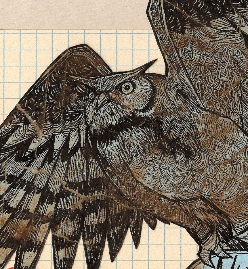 The Banner Owl jumbo field study tribute great horned owl woodland forest bird shabby chic full color art print