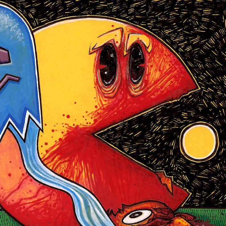 Pacman Must Kill nostalgia geek pop culture Nintendo Atari arcade ghost video game eighties full color drawing art print