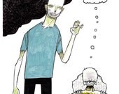 Zombie Thoughts undead horror ghoul scary flesh eating walking dead zombie full color drawing art print