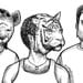 Five Boys in Five Masks two color anthropomorphic animal mask group portrait eagle hyena crocodile horse tiger drawing art print