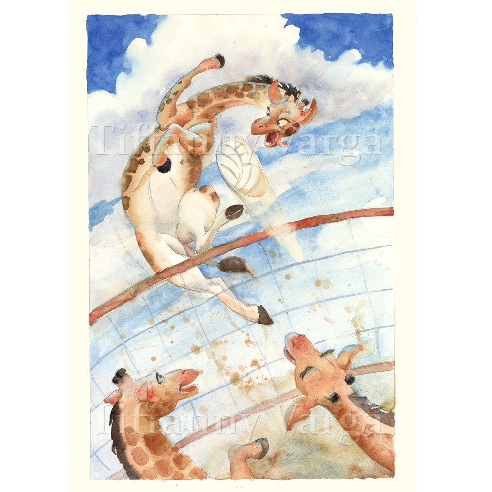 Original Watercolor Painting, Volleyball Giraffes
