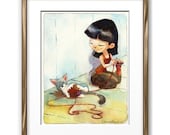 Original Watercolor Painting Chinese Knitter and her Cat, Free Matt, Ready to Frame, AS SEEN ON YOUTUBE 9 x 12