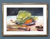 Original Watercolor Painting, Cabbage Still Life,  12 x 16