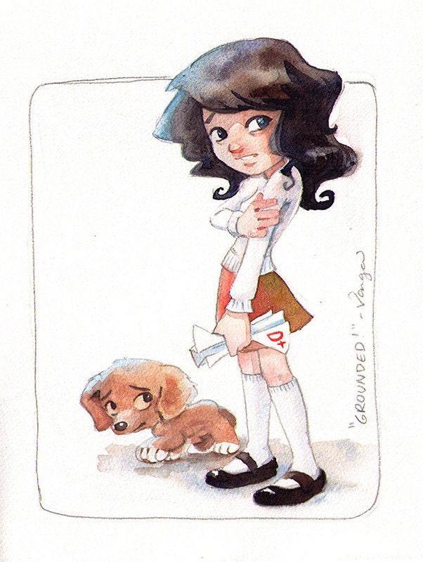Original Watercolor Illustration, Girl and Nova Scotia Duck Tolling Retriever, 9 x 12, Free mat for easy framing