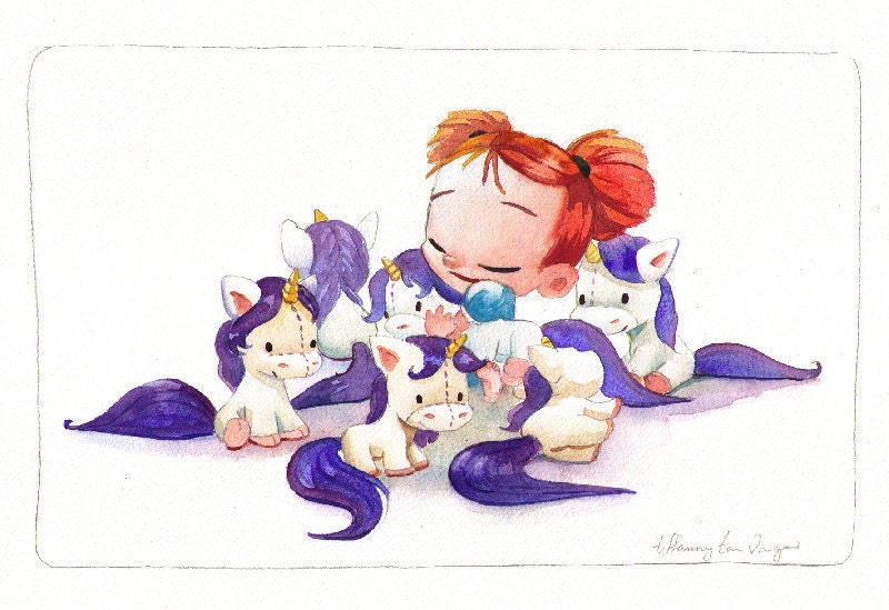 Original Watercolor Illustration, Little Girl obsessed with Unicorns, 12 x 18