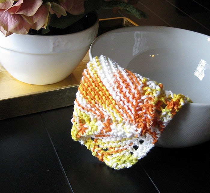 Hand Knit Cotton Dishcloth - Citrus Orange