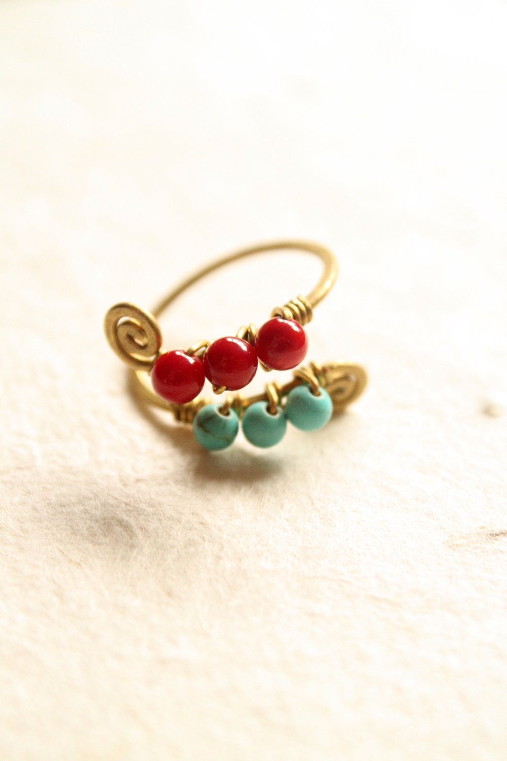Double line adjustable ring - Turquoise and Red Coral