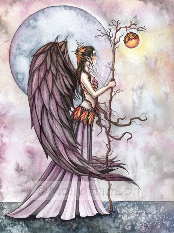 Gothic Angel Fairy Fine Art Print 'Autumn Light' Watercolor Giclee 8 x 10 inches by Molly Harrison