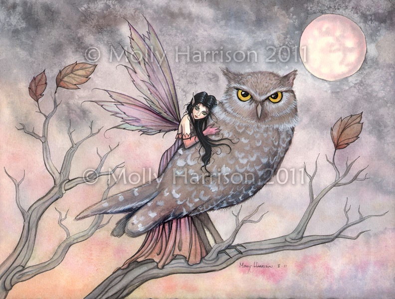 Friendship - Original Fairy and Owl Fine Art Giclee PRINT by Molly Harrison 8 x 10