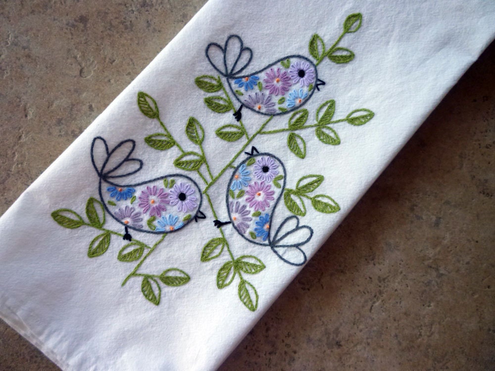 Retro Birds Hand-Embroidered Towel/Tea-Towel/Dishtowel