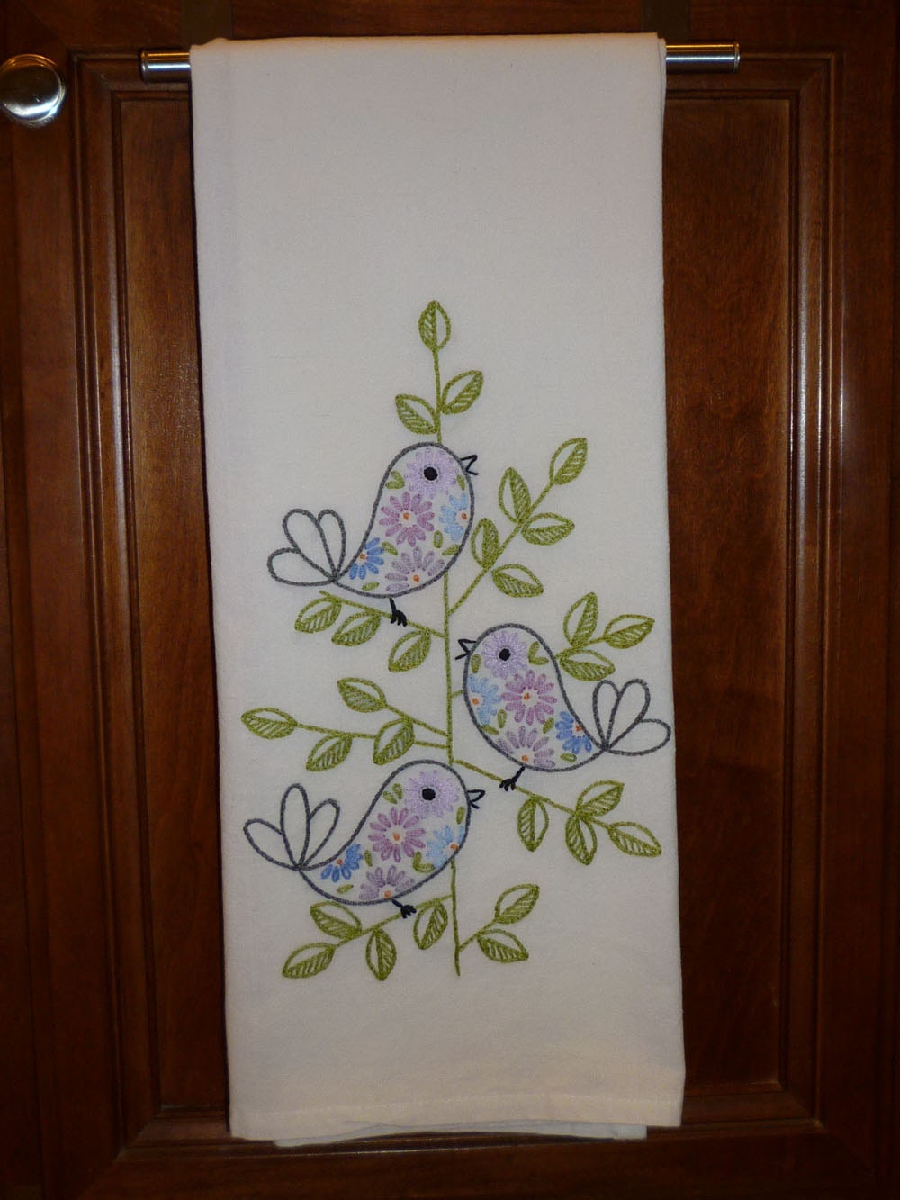 Retro Birds Hand-Embroidered Towel/Tea-Towel/Dishtowel