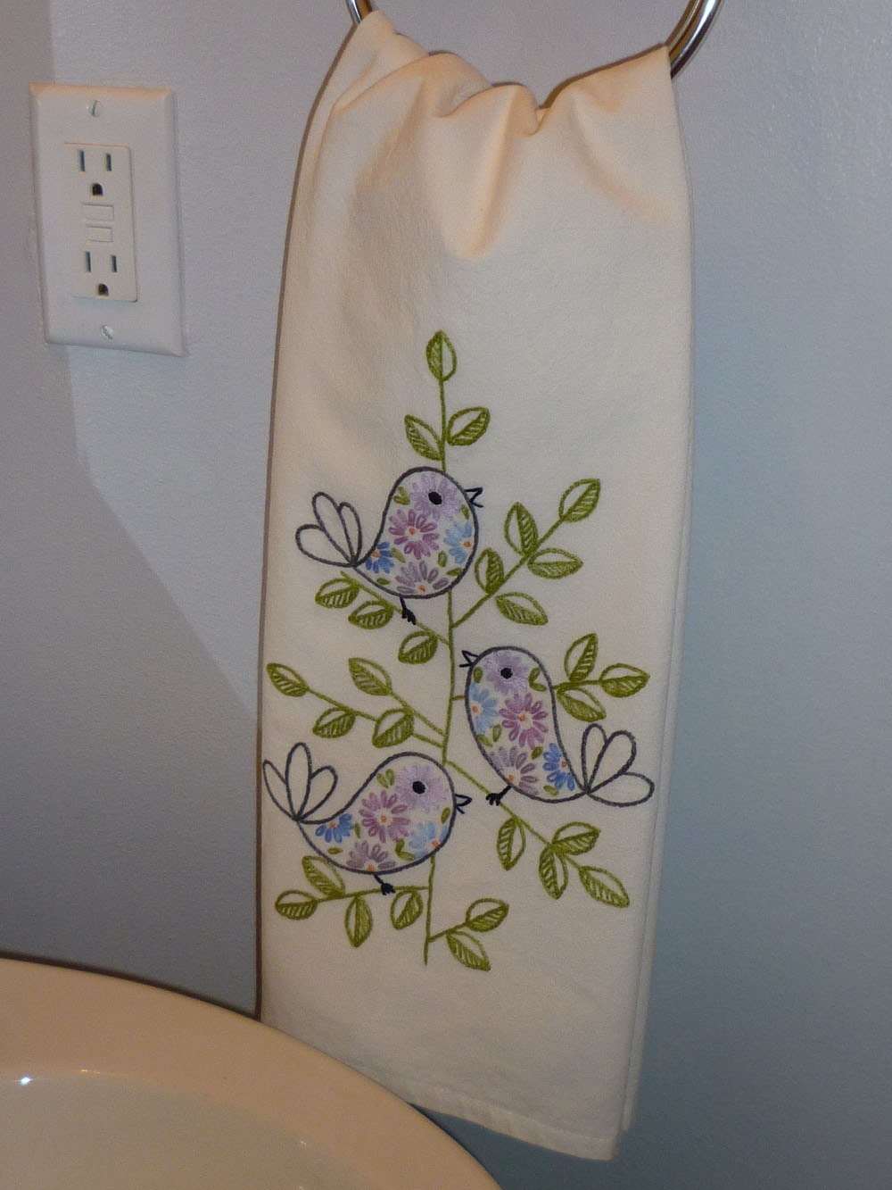 Retro Birds Hand-Embroidered Towel/Tea-Towel/Dishtowel